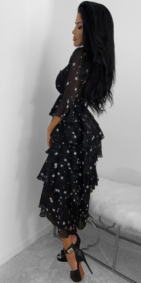 Black Star Print Tiered Midi Dress (Star) Black