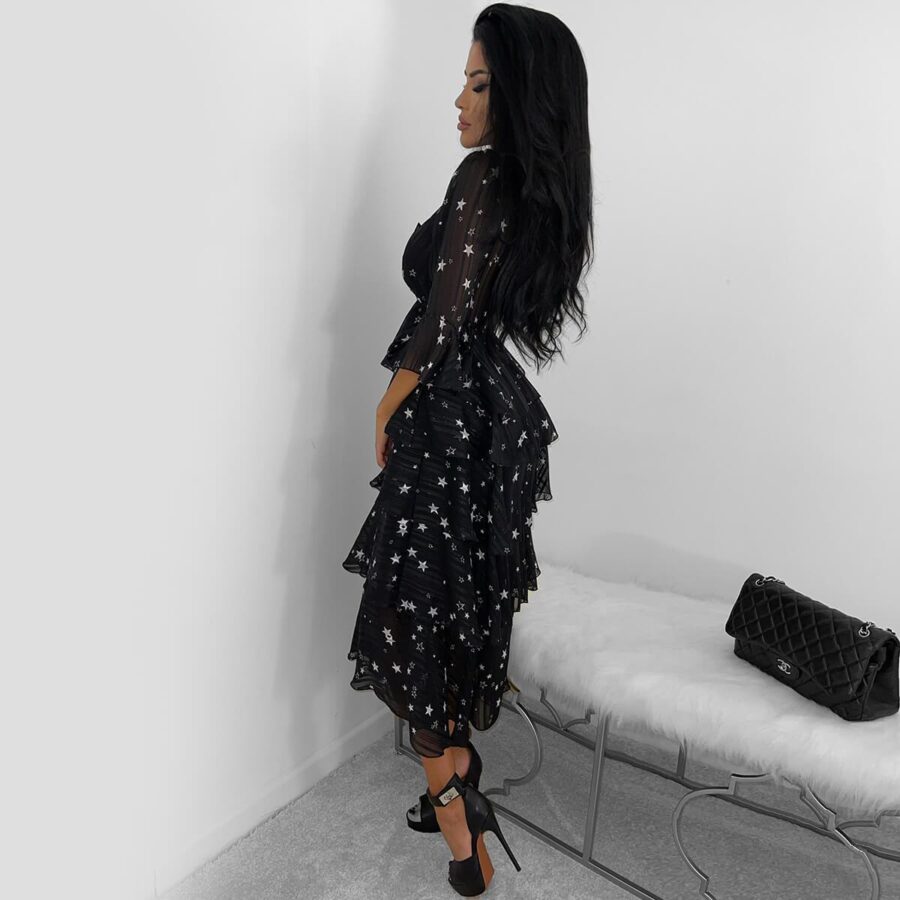 Black Star Print Tiered Midi Dress (Star) Black