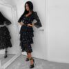 Black Star Print Tiered Midi Dress (Star) Black