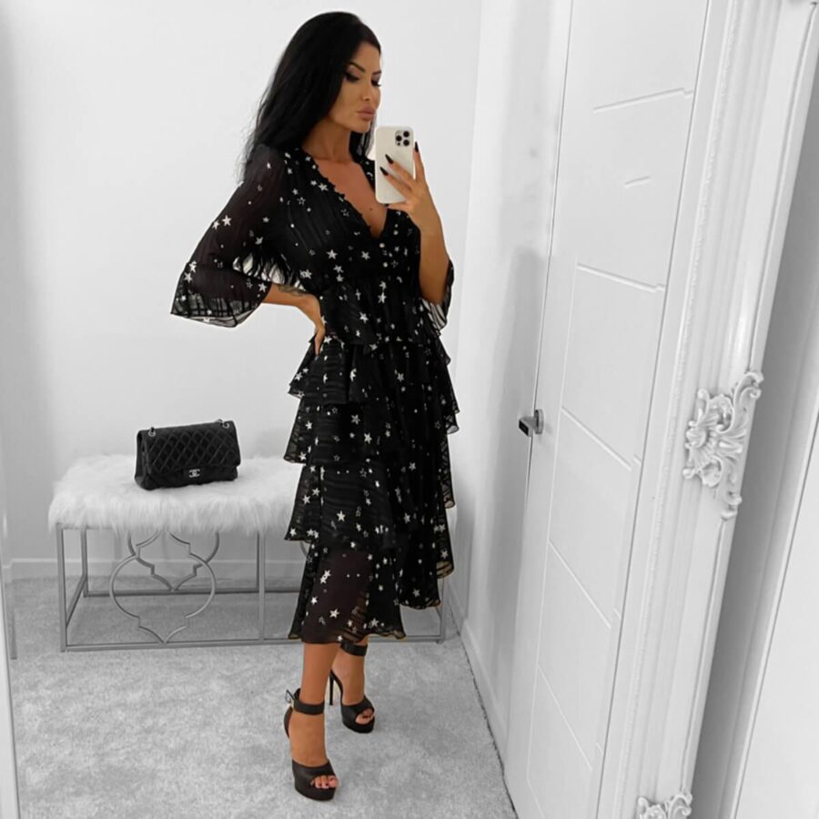 Black Star Print Tiered Midi Dress (Star) Black