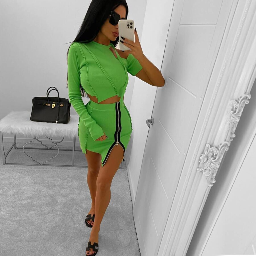 Asymmetric Blouse & ribbed-knit zipped skirt (Jennyfer) Neon Green